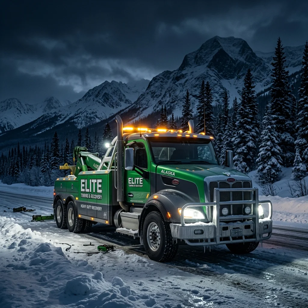 Elite Towing heavy duty tow truck at night