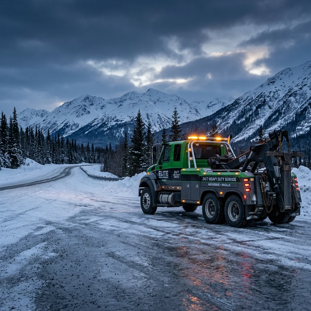 Elite Towing heavy duty wrecker on an icy Alaska highway at twilight