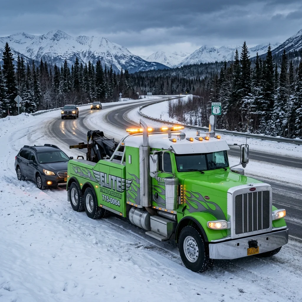 Elite tow truck responding along snowy highway corridor concept