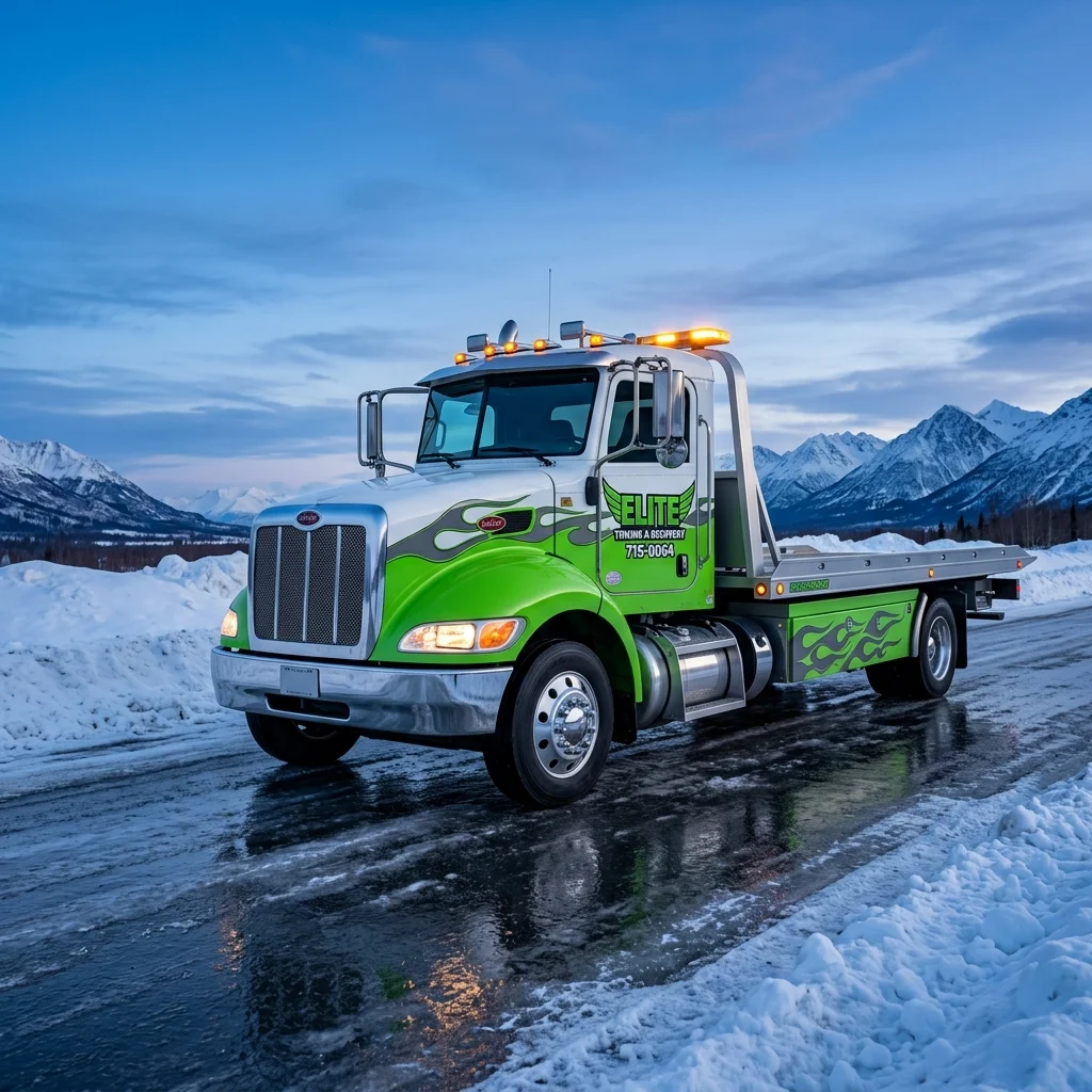 Elite Peterbilt flatbed tow truck twilight highway concept