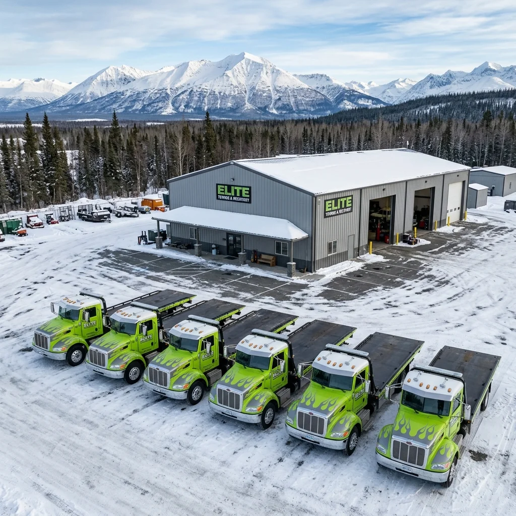 Elite flatbeds lined up outside shop drone view concept